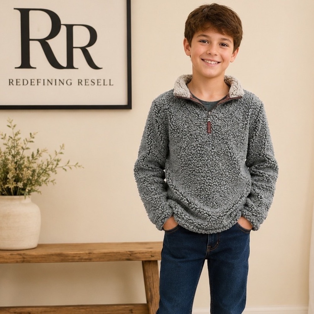 True Grit Kids Gray Sherpa Fleece Quarter Zip Pullover Sweater Size Medium